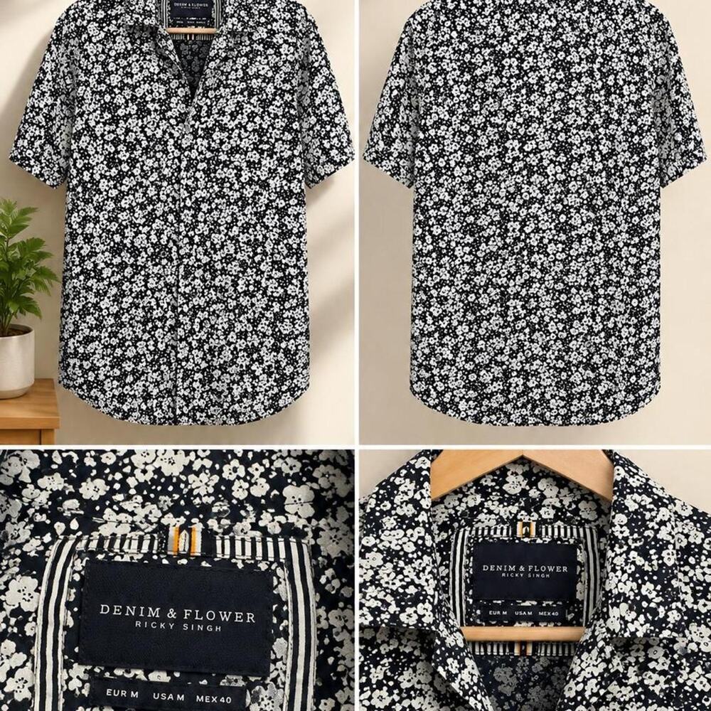 Denim flower by ricky button shirt, size medium